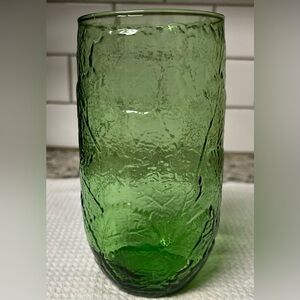 Vtg Green Glass Flower Water Vase Embossed Leaves